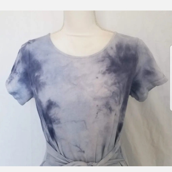 Anthro Lovers + Friends Blue Smoky Tie Dye Mini Dress Small Belted Short Sleeve - Picture 5 of 6